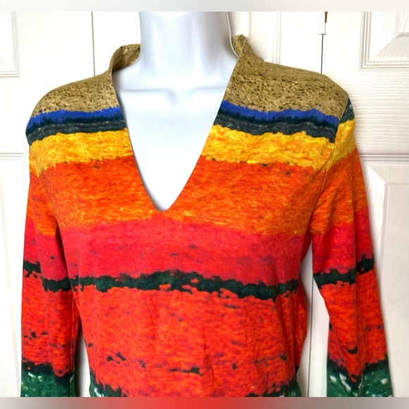 AKRIS Flower Field VNeck Blouse Shirt Top Colorful Floral Stripe Tee 3/4 Sleeve - Picture 4 of 11